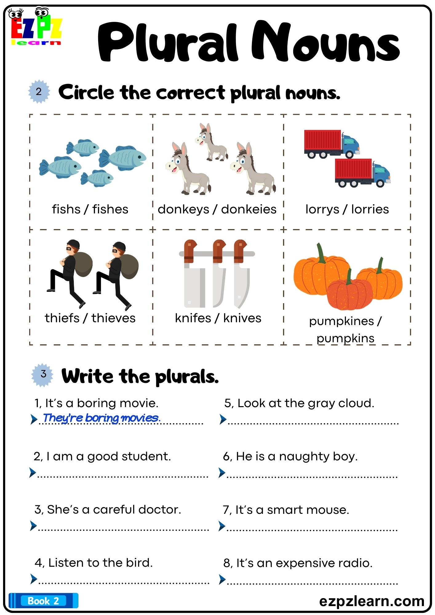 Plural Nouns Circle the correct plural nouns. Grammar Worksheet Bk2 Printable pdf